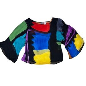 Chicos Silk Abstract Watercolor Print Kimono Sleeve Blouse Top Black Size 0 S
